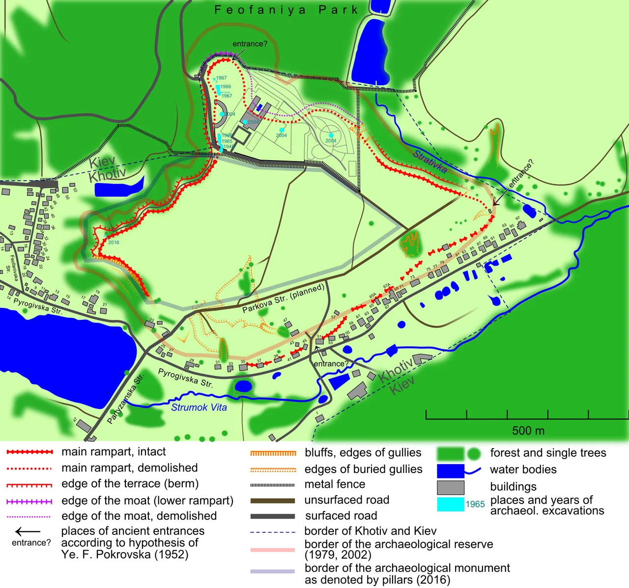 Khotiv hillfort of Scythian times. Ukraine, Khotiv village in Kiev-Sviatoshyn Raion of Kiev oblast.
Fortifications existing in 2017, as well as demolished in 21st century, are shown. Location of the rampart is given according to Дараган М., Орлюк М., Роменець А., Бондар К. Інтерпретація даних високоточної магнітної зйомки в складі археологічної ГІС (на прикладі Хотівського городища скіфської доби). 15th EAGE International Conference on Geoinformatics - Theoretical and Applied Aspects. 10-13 May 2016, Kiev, Ukraine (for another version, see Покровська Є.Ф. Хотівське городище // Археологічні пам’ятки УРСР. — 1952. — Т. 4. — С. 13.). Possible places of ancient entrances are given according to Ye. F. Pokrovska, head of the first archaeological excavations of the hillfort (Покровська Є.Ф. Хотівське городище // Археологічні пам’ятки УРСР. — 1952. — Т. 4. — С. 13., schematic plan by Pokrovska and a satellite view). Places of archaeological excavations are shown according to:
1. Петровська Є. О. Ранньоскіфські пам’ятки на південній околиці Києва / В кн.: Археологія. — К.: Наукова думка, 1970. — Т. XXIV. — С. 131.
2. Дараган М., Орлюк М., Роменець А., Бондар К. Інтерпретація даних високоточної магнітної зйомки в складі археологічної ГІС (на прикладі Хотівського городища скіфської доби). 15th EAGE International Conference on Geoinformatics - Theoretical and Applied Aspects. 10-13 May 2016, Kiev, Ukraine.
Probe holes are not shown. Borders of the archaeological reserve "Khotiv hillfort in the borders of fortifications of Scythian times" (Instruction of Kiev City State administration dated from 17.05.2002 - розпорядження КМДА від 17.05.2002 р. № 979 "Про внесення доповнень до рішень виконкому Київської міської ради народних депутатів від 16.07.1979 р. № 920 «Про уточнення меж історико-культурних заповідників і зон охорони пам'яток історії та культури в м. Київ») are shown according to Євсюков Т., Опенько І. Моніторинг особливо цінних земель із застосуванням технологій ДЗЗ та ГІС // Вісник Львівського національного аграрного університету. Сер : Економіка АПК. - 2013. - № 20(2). - С. 5. Border of Khotiv and Kiev is shown according to Khotiv master plan.