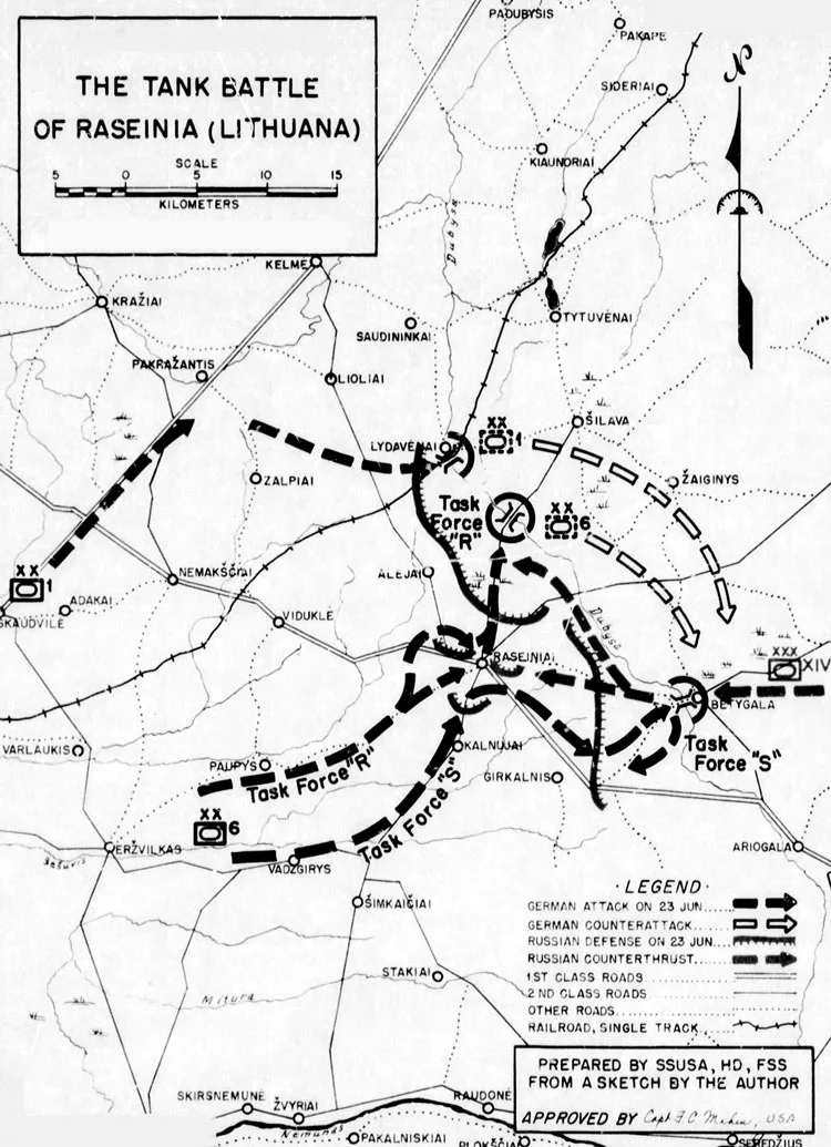 Map of the Battle of Raseiniai, order of battle