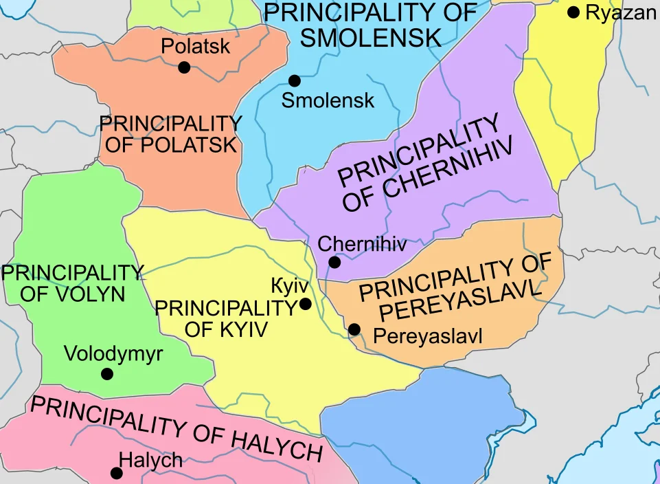 The "triangle of Kyiv, Chernihiv and Pereyaslavl" in 1132, also known as the "Kyiv–Chernihiv–Pereiaslav triangle", the "triangle of Kiev, Chernigov, and Pereiaslavl’", or "Kievan triangle". According to Soviet historian Arseniy Nikolaevich Nasonov, “Russkaia zemlia” i obrazovanie territorii drevnerusskogo gosudarstva. Istoriko-geograficheskoe issledovanie (Moscow: Nauka, 1951), pp. 216–20, these three urban centres and their principalities formed the core area of what contemporaneous Rus' sources (since the late 11th century, through the 12th century, until at least the early 13th-century Kyivan Chronicle) identified as "Rus'", or "the Rus' Land". Nasonov posited, for example, that when these texts said someone travelling from Vladimir-Suzdal in the northeast, Velikiy Novgorod in the north, or Galicia-Volhynia (Halych-Volyn) in the southwest, was "going to Rus'", the context indicated that this usually meant the area of the cities of Kyiv (Kiev), Chernihiv (Chernigov) and Pereyaslavl (Pereiaslav) on the Middle Dnipro (Dnieper). The area designated as "Rus' (Land)" would only expand later to encompass other parts of the Rurikid/Volodimerovichi realm, or the whole of Kievan Rus' (Kyivan Rus'). In addition, by the middle of the 14th century, the term "Rus' Land" had taken on a new, third meaning, no longer referring to the Kievan triangle or all of former Kievan Rus', but to the Suzdalian principalities in the northeast, later specifically Muscovy (the Grand Duchy of Moscow).
Several scholars such as Rybakov (1953), Cherepnin (1958), Tikhomirov (1947) and Artamonov (1962) accepted Nasonov's theory. Opponents such as Likhachev and Soloviev claimed that the term "Rus' (Land)" had already acquired a broader political meaning encompassing all East Slavic Kievan Rus' territories earlier that Nasonov proposed.
Plokhy, Serhii (2006) The Origins of the Slavic Nations: Premodern Identities in Russia, Ukraine, and Belarus, Category:New York: Cambridge University Press, pp. 37–39, 49, 70–71 ISBN: 978-0-521-86403-9.
Halperin, Charles J. (17 February 2016). "A Tatar interpretation of the battle of Kulikovo Field, 1380: Rustam Nabiev". Nationalities Papers 44 (1): 12. DOI:10.1080/00905992.2015.1063594. ISSN 0090-5992.
Halperin, Charles J. (2022) The Rise and Demise of the Myth of the Rus' Land, Leeds: Arc Humanities Press, pp. 7, 18, 20, 41, 58 ISBN: 9781802700565.
Kyiv
Chernihiv
Pereyaslavl
Halych
Volyn
Polatsk
Smolensk
Novgorod
Rostov-Suzdal
Murom-Ryazan
(disputed)