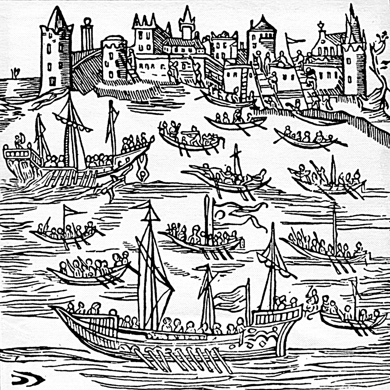 Ukrainian cossacks under the leadership of Petro Konashevych-Sahaidachny capture the Turkish sea-port of Caffa (Feodosia) in 1616. This city was the largest Turkish centre for the human slave trade, and the capture by the cossacks enabled many Christian men, women and children to be freed from a life of slavery. Woodcut from a 1622 book commemorating Petro Konashevych-Sahaidachny.