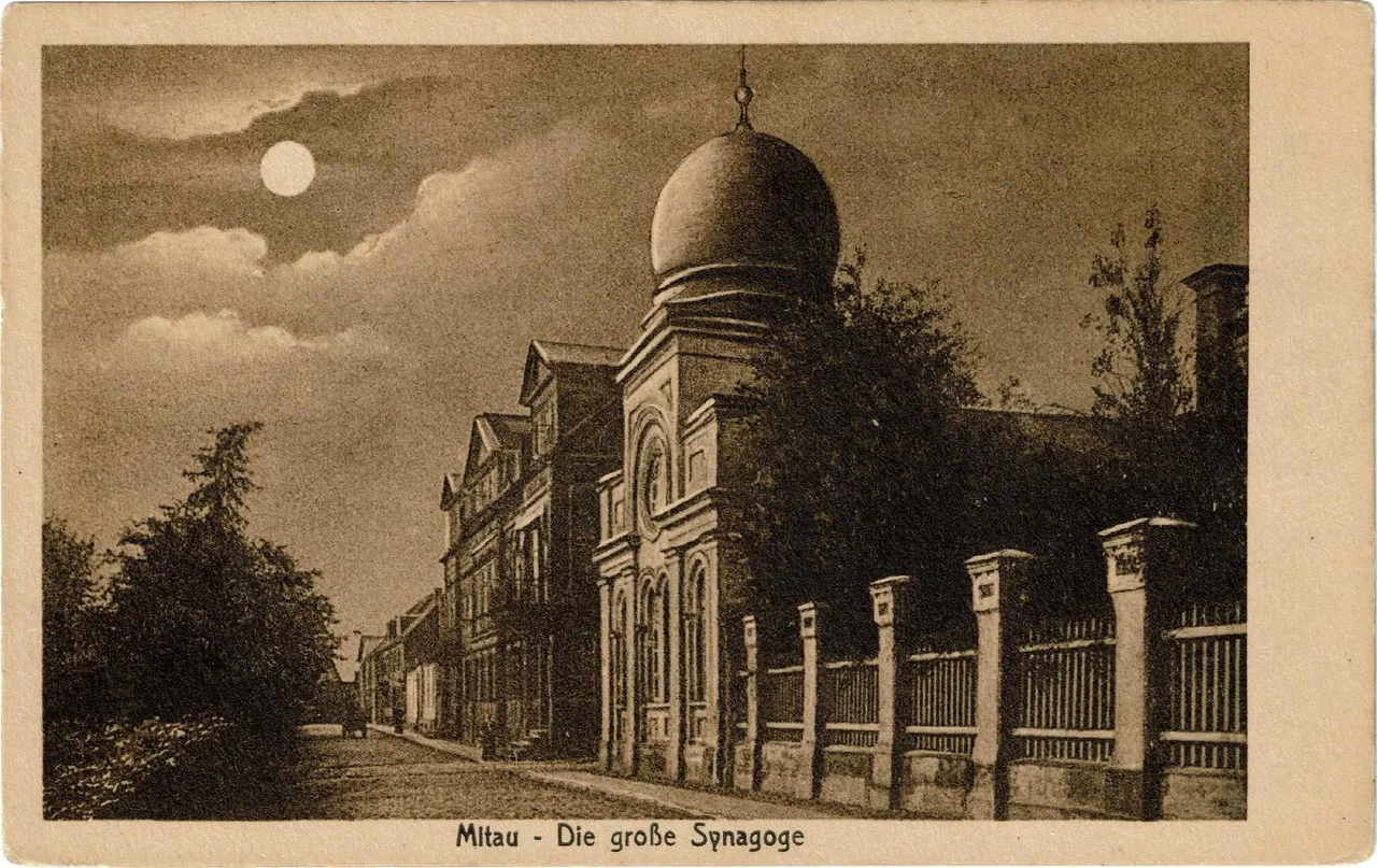 Mondscheinansichtskarte Mitau, Große Synagoge