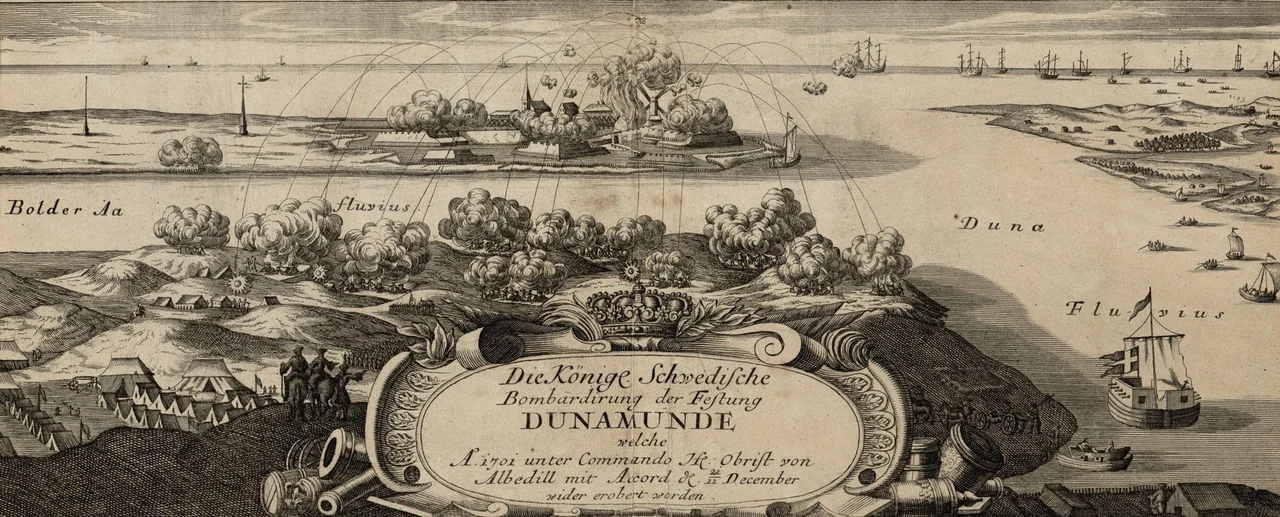 Swedish army bombarding the fortress of Dunamunde. A 17th-century etching.
The caption reads: Die Königl. Schwedische Bombadirung der Festung DUNAMUNDE welche Ao 1701 unter Commando Hr. Obrist von Albedill mit Accord de 11 December wider erobert worden.
(Royal Swedish bombardment of the stronghold of Dunamunde which was reconquered under the command of Colonel von Albedyll by surrender on Dec 11 in the year 1701.)
