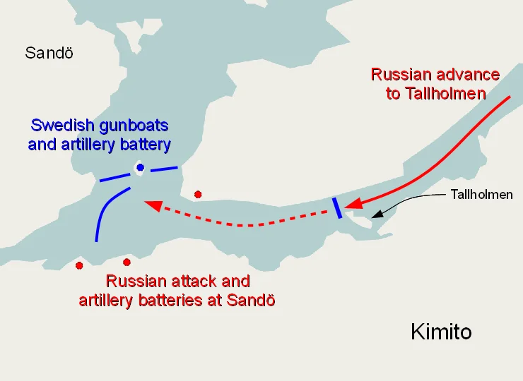 Map showing the events of battles of Tallholma and Sandoström in 1808