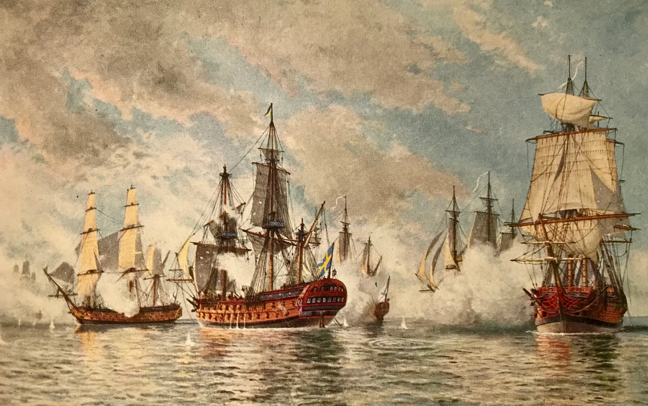 Linjeskeppet Prins Gustaf strider mot fyra ryska linjeskepp under sjöslaget vid Hogland 1788. Målning av den svenske marinmålaren Jacob Hägg, 1922.
