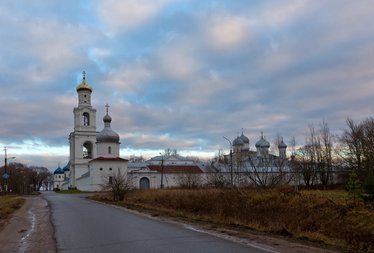 Views of Velikiy Novgorod. The Yuriev Monastery as seen from the river.