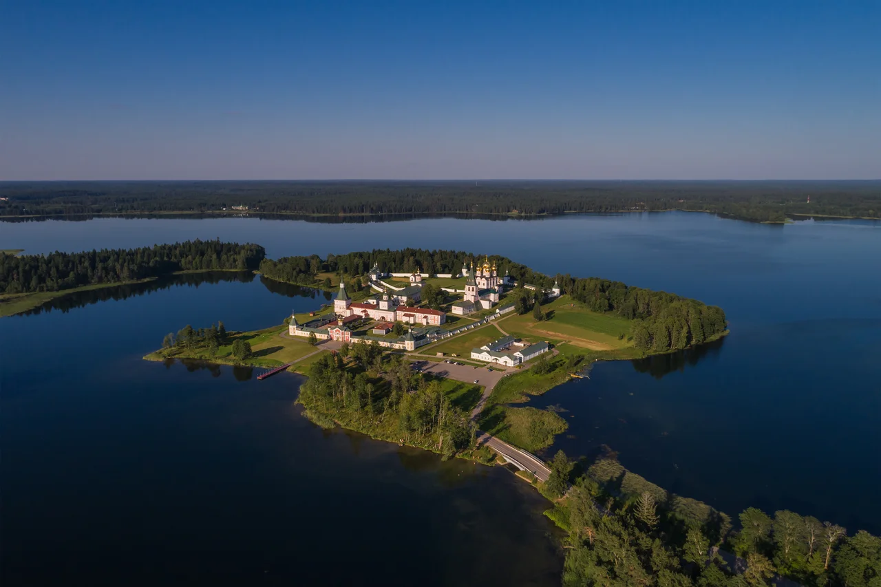 Aerial view of Iversky Monastery in Valdai, Novgorod Oblast, Russia.