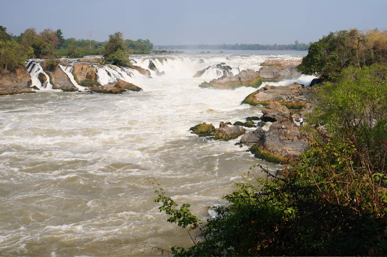 Khone Phapheng Falls, Si Phan Don, Laos. Located on the Mekong River near the border with Cambodia, at 10.7 kilometres (6.6 mi) wide, it is the widest waterfall in the world.