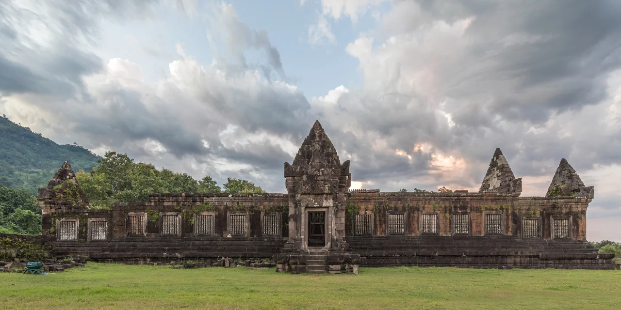 Ruined northern palace in the Khmer Hindu temple complex of Wat Phou at sunset, Champasak Province, southern Laos.