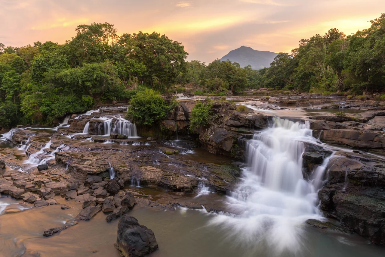 Tad Hang waterfalls at sunset, Tad Lo village, Bolaven Plateau, Salavan Province, Laos.