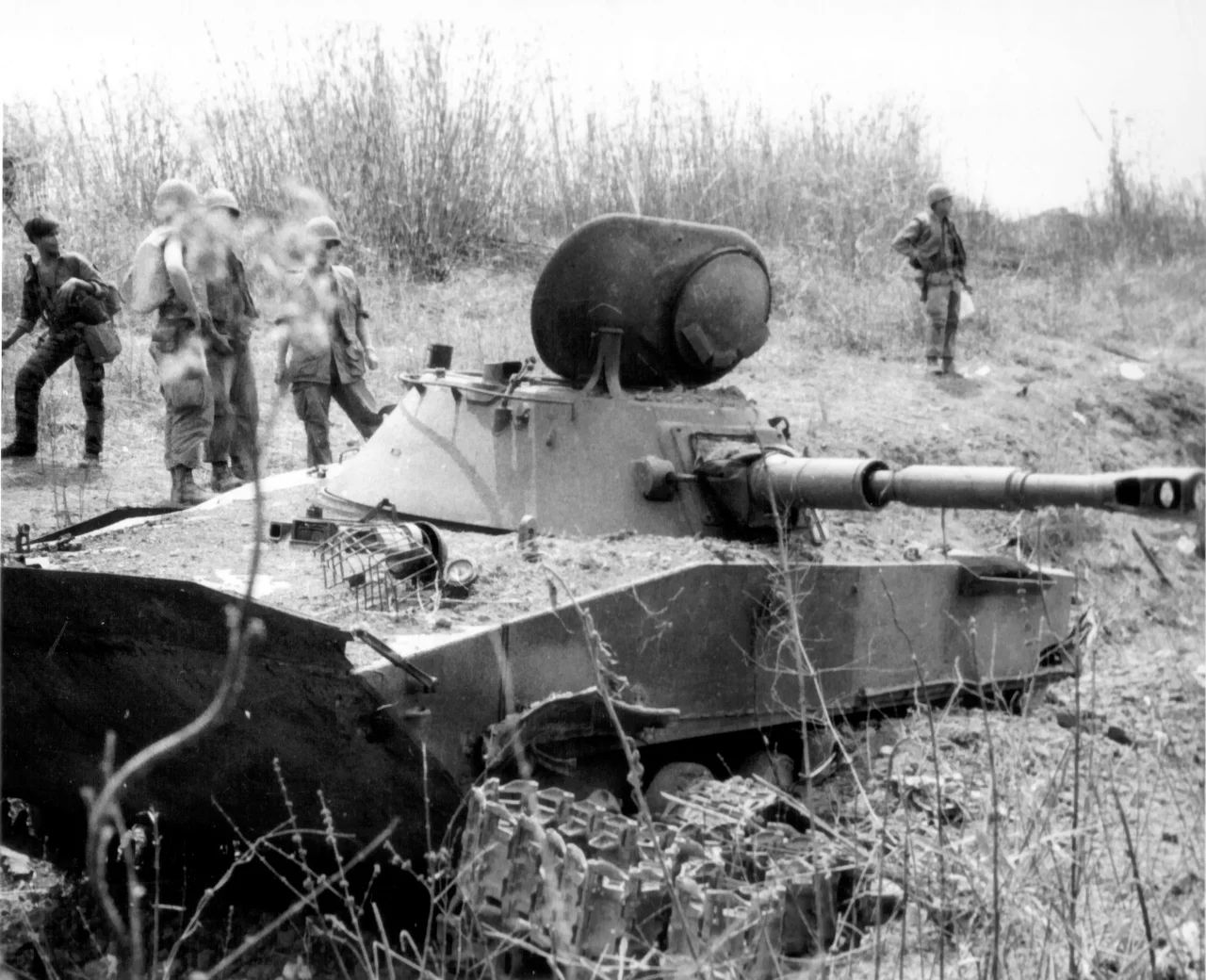 Russian made PT76 tank destroyed at Ben Het. - Vietnam 1968