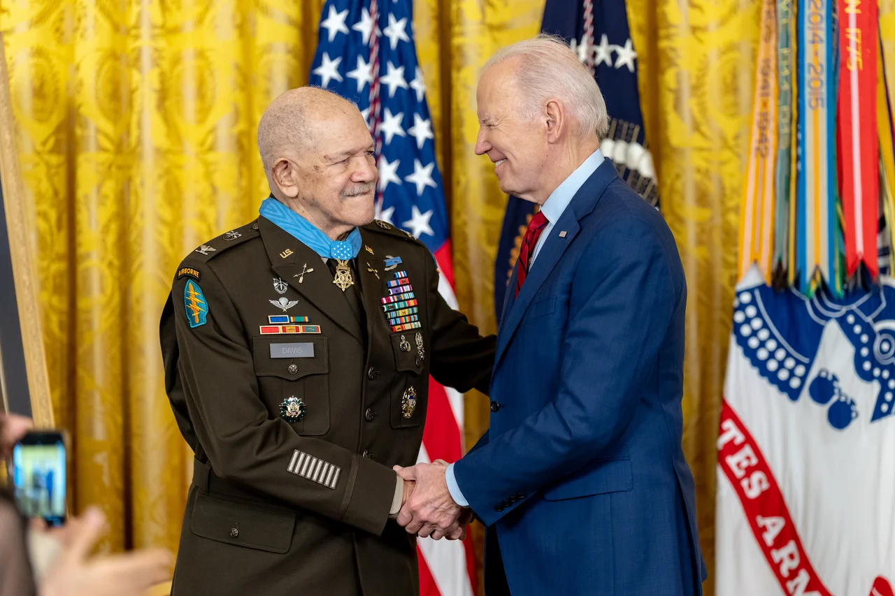 President Joe Biden presents the Medal of Honor to Ret. US Army Colonel Paris Davis for his heroism during the Vietnam War, Friday, March 3, 2023, during a ceremony in the East Room of the White House. (Official White House Photo by Adam Schultz)