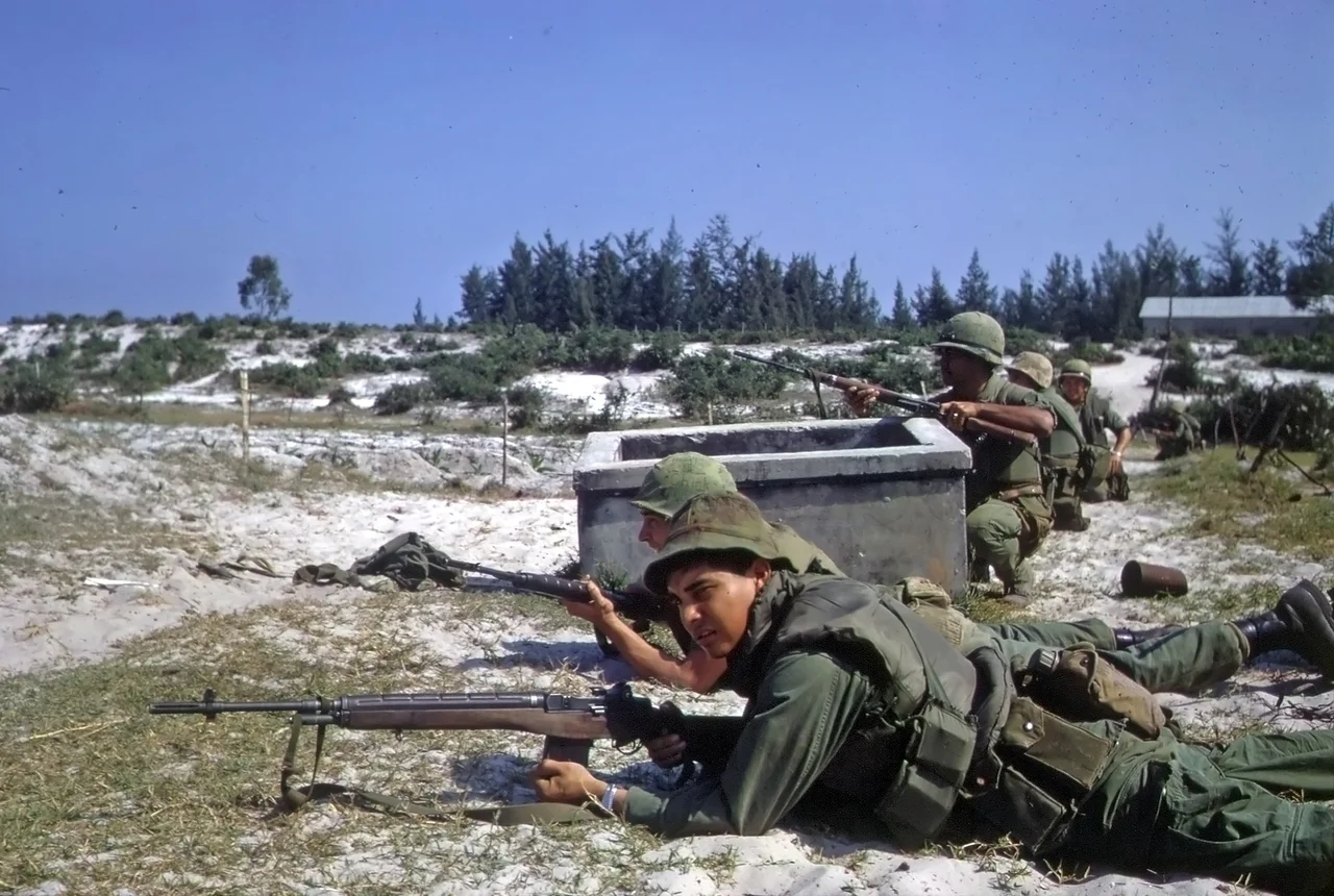 Battle of Hamo Village During the Tet Offensive.  US Marines and ARVN troops defend a position against enemy attack.