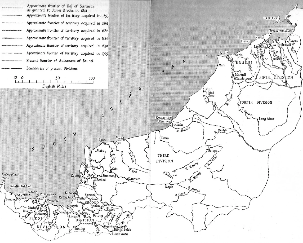 Expanding boundaries of the Raj of Sarawak from 1841 until 1905.