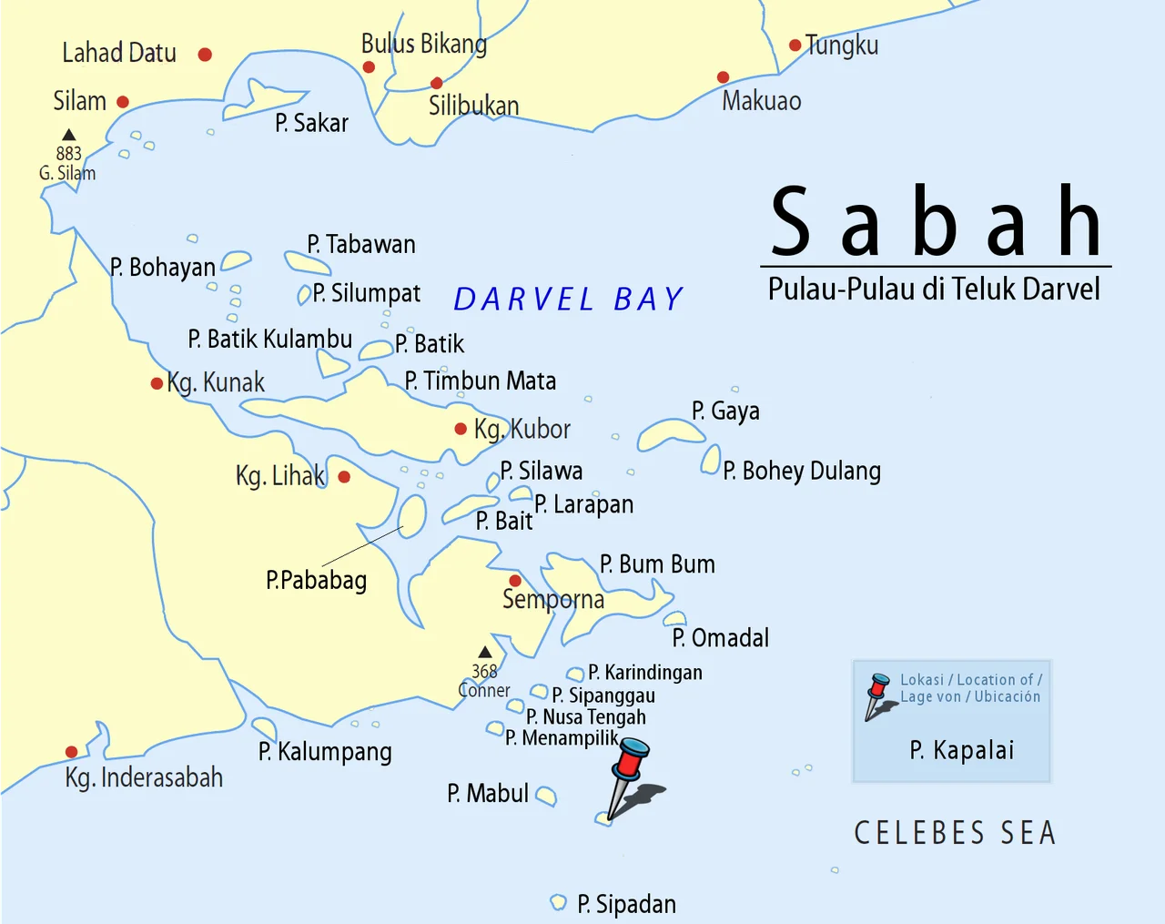 Sabah: Scheme of Islands in the Darvel Bay with Pushpin Marker for Pulau Kapalai (which is not part of the Darvel Bay)
