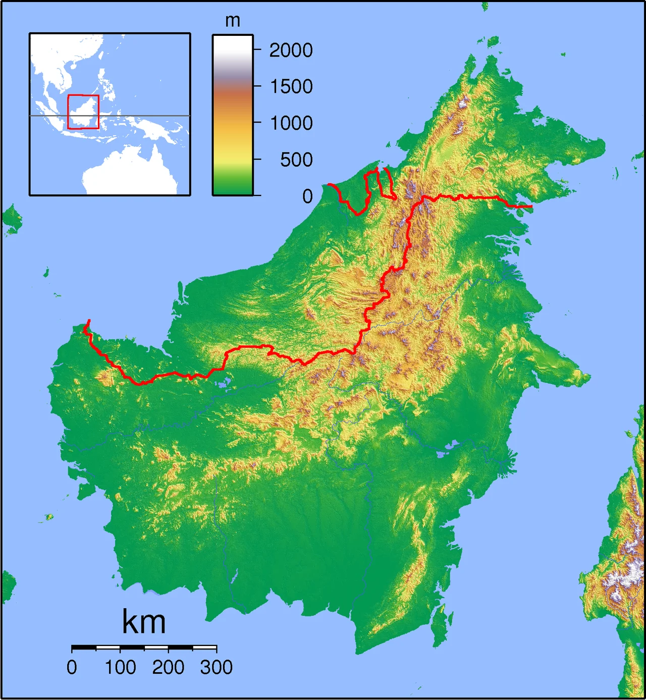 Topographic locator map of Borneo. Created with GMT from public domain SRTM data. For non-locator version, see Image:Borneo Topography.png. Left:108 Bottom:-5 Right:120 Top:8