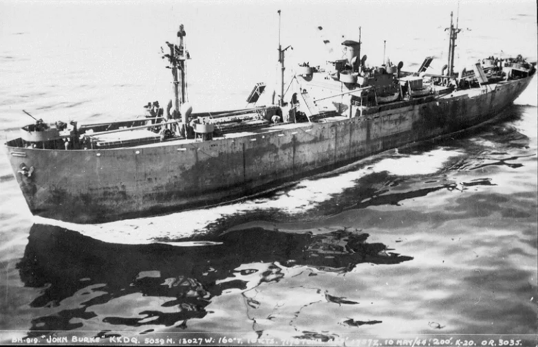 John Burke on May 10th 1944 at position 50°50'N 130°127'W north west of Vancouver Island, British Columbia, Canada. Owned by U.S.Department of Commerce and operated by Northland Transportation Co.under WSA Service Agreement Form GAA (General Agent Agreement).