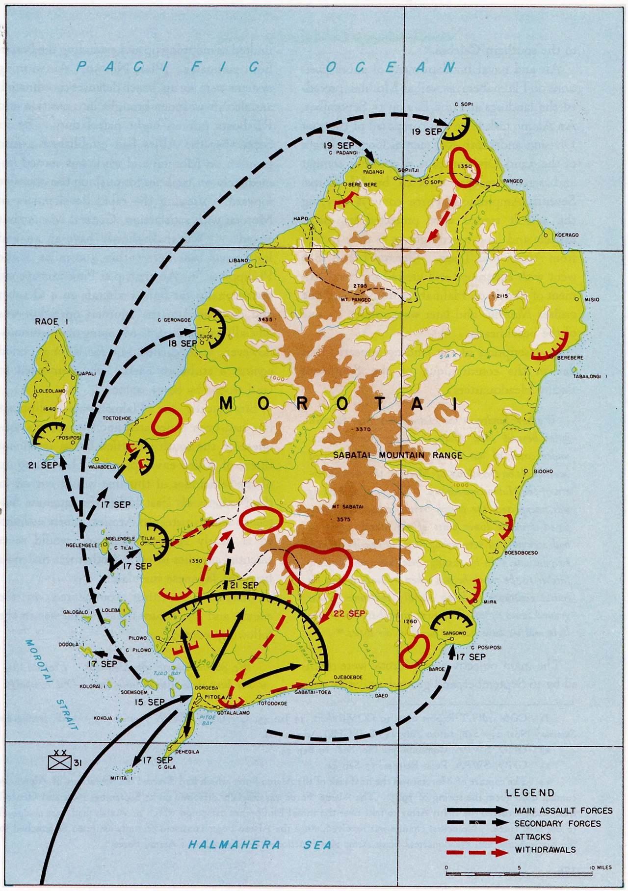 A map of Morotai island showing the movements of Allied and Japanese forces during the battle which was fought on the island in September 1944