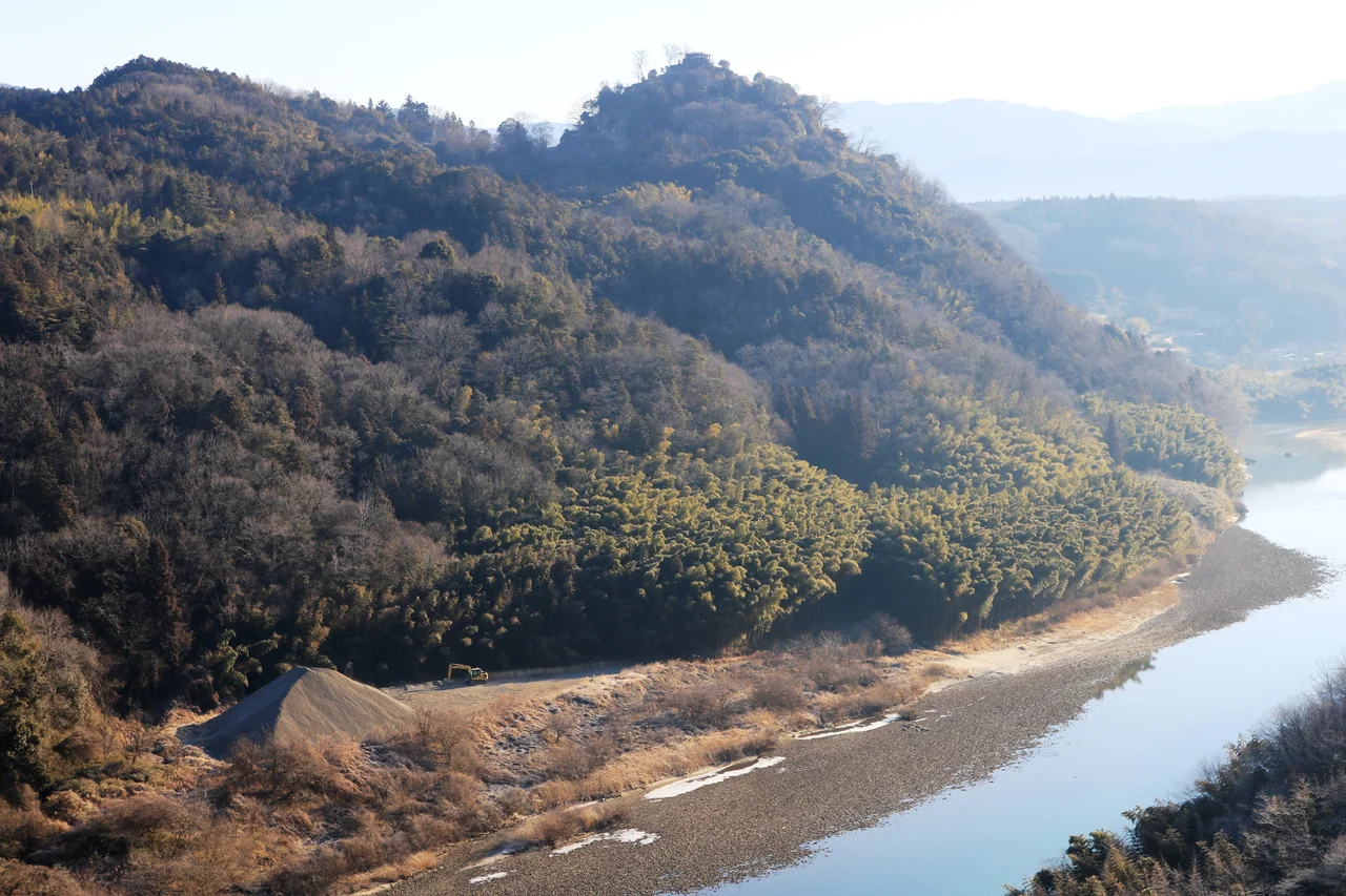 Naegi Castle and Kiso River seen from Shiroyama Bridge in Nakatsugawa, Gifu prefecture, Japan.