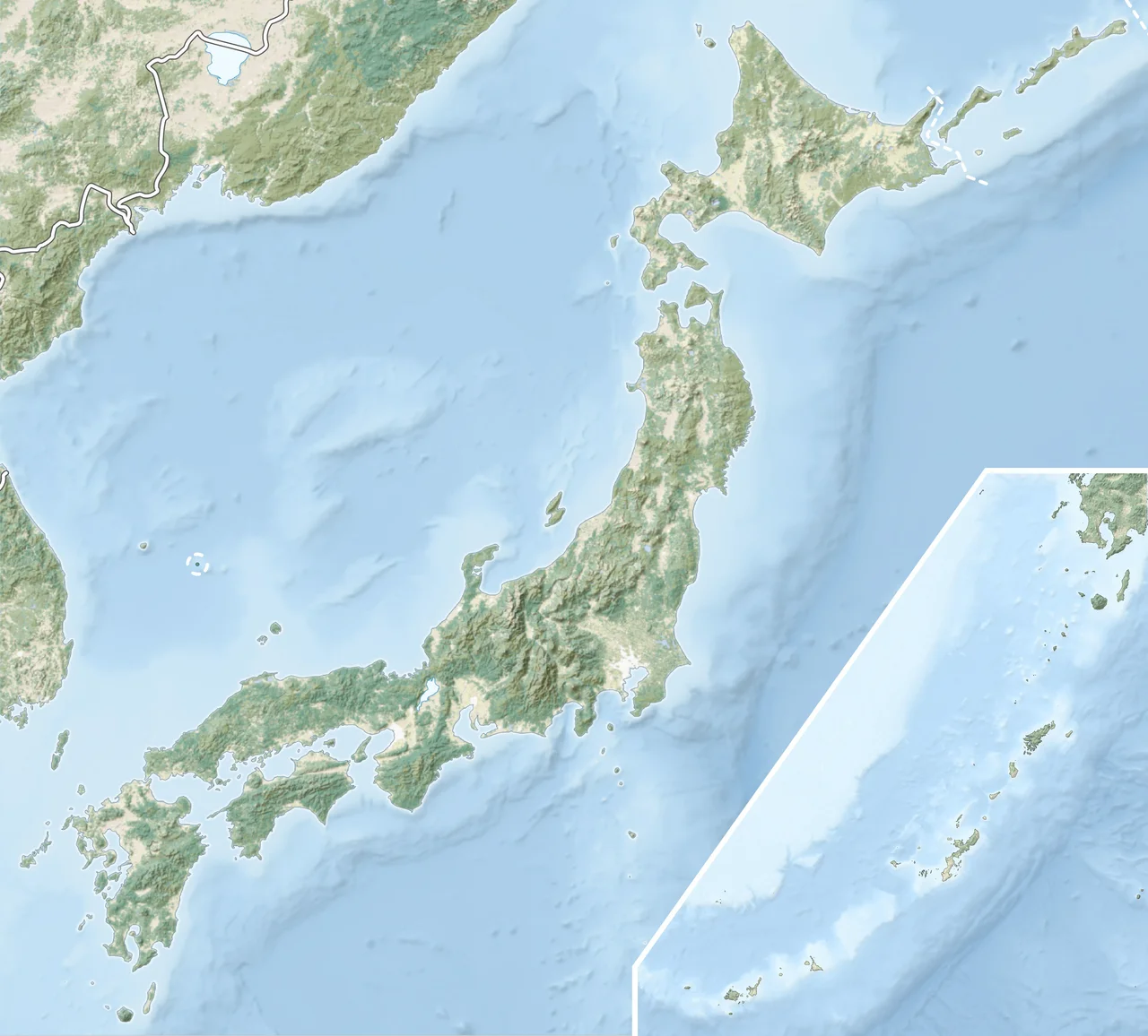 Natural Location map of Japan
Equirectangular projection.
Geographic limits to locate objects in the main map with the main islands:

N: 45°51'37" N (45.86°N)
S: 30°01'13" N (30.02°N)
W: 128°14'24" E (128.24°E)
E: 149°16'13" E (149.27°E)
Geographic limits to locate objects in the side map with the Ryukyu Islands:

N: 39°32'25" N (39.54°N)
S: 23°42'36" N (23.71°N)
W: 110°25'49" E (110.43°E)
E: 131°26'25" E (131.44°E)