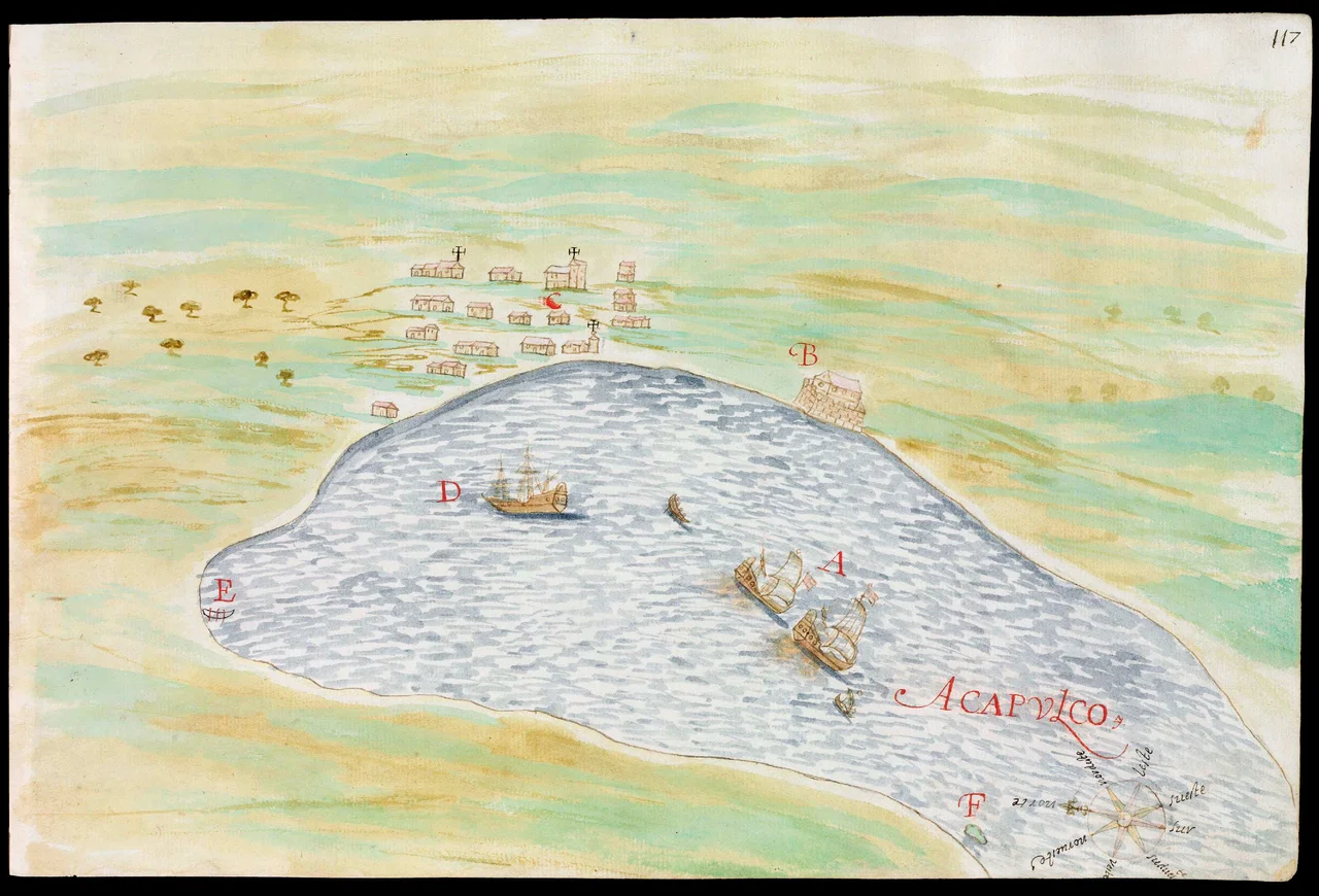 Bay and city of Acapulco in Mexico, in a Spanish map of 1632. Page 117 of the Descripciones geográficas e hidrográficas de muchas tierras y mares del Norte y Sur en las Indias, en especial del descubrimiento del Reino de la California (Geographic and hydrographic descriptions of many northern and southern lands and seas in the Indies, specifically the discovery of the kingdom of California), written by captain Nicolás de Cardona after his expedition of 1614.
On page 116 the legend reads:
A. The ships of the expedition.
B. The castle of San Diego.
C. The town.
D. A ship that has come from Japan.
E. Los Manzanillos.

F. El Grifo.